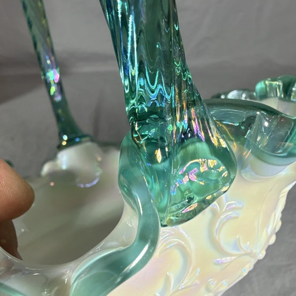 Fenton Teal Crest Spanish Lace Iridized Milk Glass Basket 1990s C3538 TC MINT